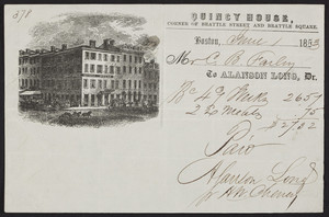 Billhead for the Quincy House, hotel, corner of Brattle Street and Brattle Square, Boston, Mass., dated June 1, 1853