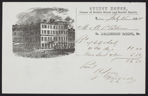 Billhead for the Quincy House, hotel, corner of Brattle Street and Brattle Square, Boston, Mass., dated July 15, 1854