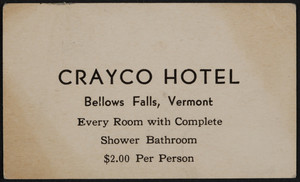 Trade card for the Crayco Hotel, Bellows Falls, Vermont, undated
