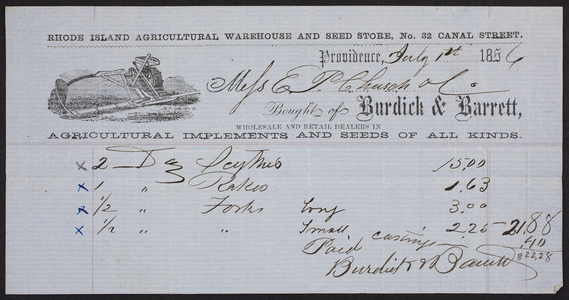 Billhead for Burdick & Barrett, wholesale and retail dealers in agricultural implements and seeds of all kinds, 32 Canal Street, Providence, Rhode Island, dated July 1, 1856