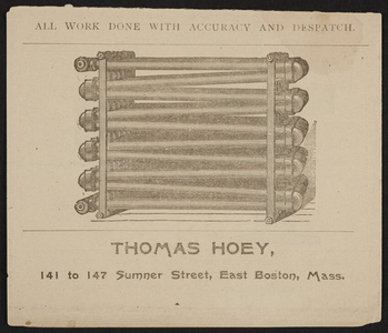 Advertisement for Thomas Hoey, plumbers' steam and gas filters' supplies, Office and Sales Room at 141 to 147 Sumner Street, Machine Shop and Store House at New Street, East Boston, Mass., undated