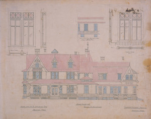 Window detail drawings and side elevation of Holbrook Hall, Newton, Mass., 1858