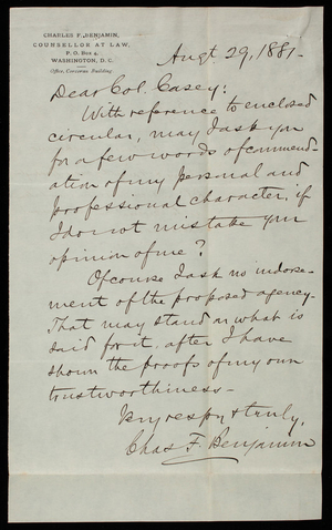 Charles F. Benjamin to Thomas Lincoln Casey, August 29, 1881