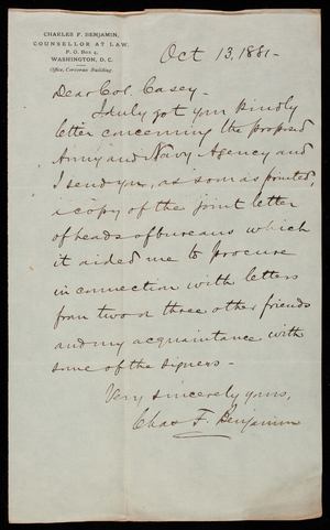Charles F. Benjamin to Thomas Lincoln Casey, October 13, 1881