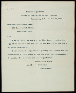 R. B. Bowler to Thomas Lincoln Casey, October 12, 1894; copy