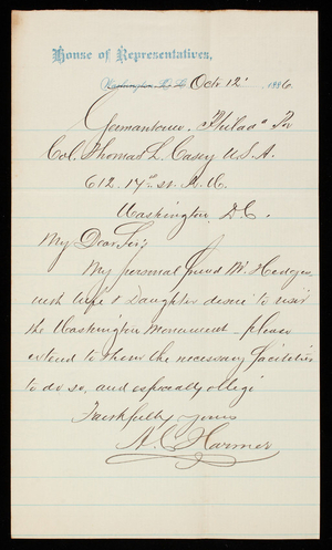 Alfred C. Harmer to Thomas Lincoln Casey, October 12, 1886