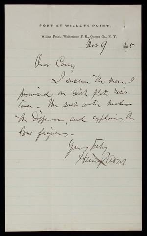 Henry L. Abbot to Thomas Lincoln Casey, November 9, 1885