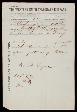 Rutherford B. Hayes to Thomas Lincoln Casey, August 28, 1879, telegram