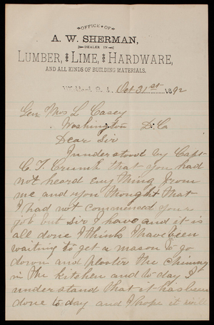 A. W. Sherman to Thomas Lincoln Casey, October 31, 1892