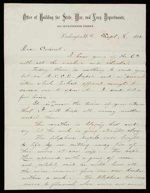 Bernard R. Green to Thomas Lincoln Casey, September 8, 1884