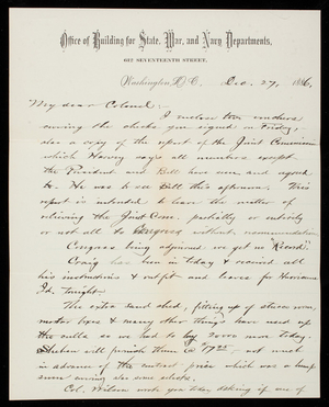 Bernard R. Green to Thomas Lincoln Casey, December 27, 1886