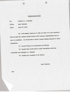 Memorandum from Judy A. Chilcote to William H. Carpenter