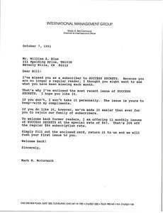 Letter from Mark H. McCormack to William A. Blue