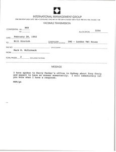 Fax from Mark H. McCormack to Bill Sinrich