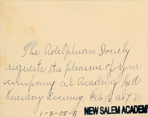 Invitation to Miss Eliza Merriam from the New Salem Academy Alphedian Society
