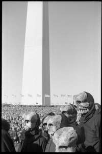 Performers from Bread and Puppet Theater wearing death's masks near the Washington Monument: Washington Vietnam March for Peace