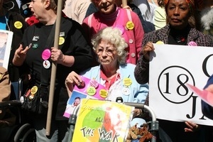 Granny Jailbirds contingent behind their banner in the march opposing the war in Iraq