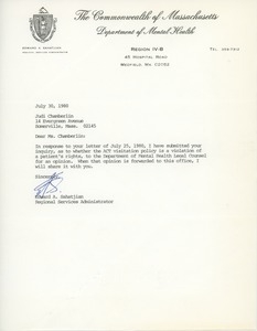 Letter from Edward A. Sahatjian to Judi Chamberlin