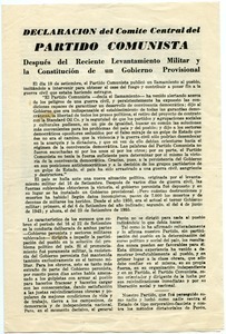 Declaracion del Comite Central del Partido Comunista despues del reciente levantamiento militar y la Constitucion de un gobierno provisional