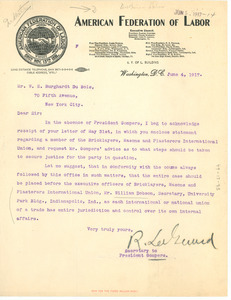 Letter from the Secretary to President Gompers to W.E.B. Du Bois