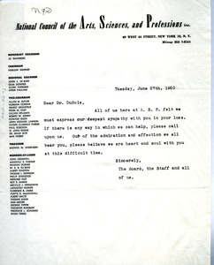 Letter from National Council of the Arts, Sciences, and Professions to W. E. B. Du Bois