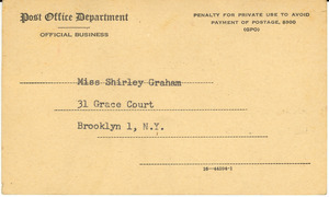 Postcard from United States Post Office Registry Section to Shirley Graham