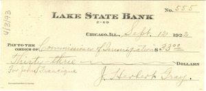Check from J. Herbert Gray to Commissioner of Immigration