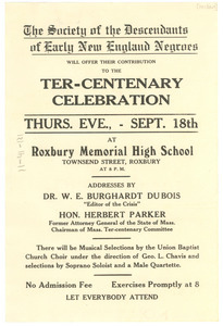 The Society of the Descendants of Early New England Negroes Tercentenary celebration handbill