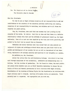 A petition to the President of the United States, the Honorable John F. Kennedy