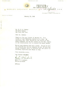Letter from Chicago Defender to W. E. B. Du Bois