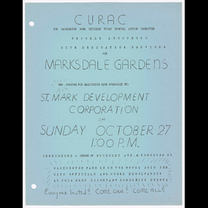 Flier for site dedication services for Marksdale Gardens on October 27, 1963