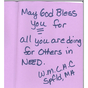 Card from a woman at the Western Massachusetts Correctional Alcohol Center