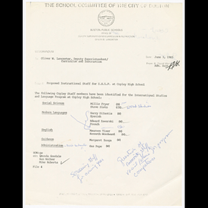 Memorandum from R. David Workman to Oliver W. Lancaster about proposed instructional staff for International Studies and Language Program at Copley High School