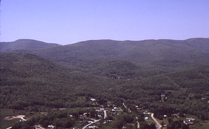 Aerial oblique view West Main Street to the Taconic Ridge on 28 May 1972 in the Hopkins Forest.