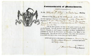 Warrant appointing Sergeant Leander Gage King to Company C, Massachusetts volunteer Militia