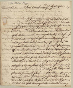 Letter by Robert Orme, Fort Cumberland, to Gov. Robert Hunter Morris.