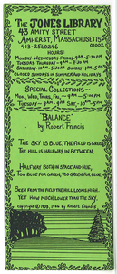 Jones Library bookmark featuring Robert Francis' poem, "Balance"