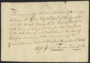 Marriage Intention of Ziba Hayward of Bridgewater, Massachusetts and Sarah Bosworth the Third, 1806