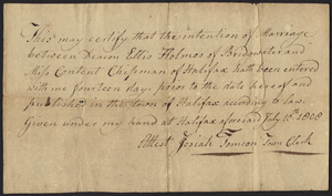 Marriage Intention of Deacon Ellis Holmes and Content Chipman, 1808