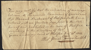 Marriage Intention of Benjamin Hammond of Carver, Massachusetts and Hannah Sturtevant, 1802
