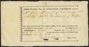 Marriage Intention of John Attwood Jr. of East Bridgewater, Massachusetts and Martha B. Thomson, 1828
