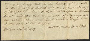 Marriage Intention of Asa Pratt Jr. of Weymouth, Massachusetts and Rebecca Leach Jr., 1818