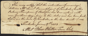 Marriage Intention of Samuel Ramsdell, Jr. of Pembroke, Massachusetts and Rebecca Thomson, 1809