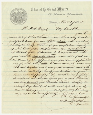 Letter from Grand Master William Parkman to Alonzo Hall Quint, 1864 November 17