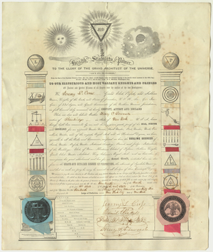Cross Supreme Council certificate issued to Henry C. Lawrence, 1852 April 14