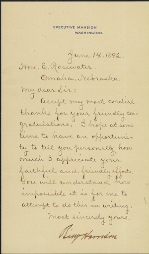 Letter from President Harrison to the Honorable E. Rosewater, 1892 September 24