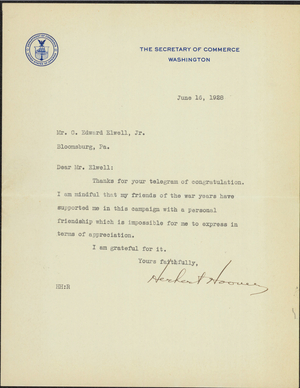Letter from Republican candidate Herbert Hoover to G. Edward Elwell, Jr., 1928 June 16