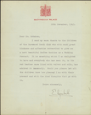 Letter from Elizabeth II to Mr. McMahon, 1947 November 26