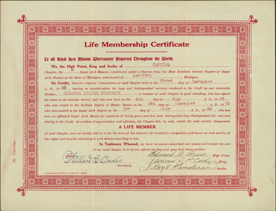 Royal Arch life membership certificate issued to Chester Downer Woodbury, 1922 December 1