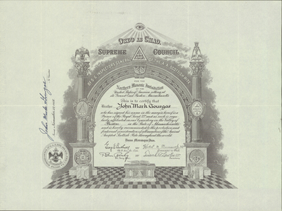 32° traveling certificate issued to John Mark Gourgas